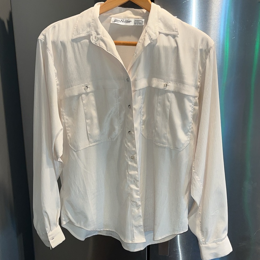 Yves St Clair L ivory button down blouse Flowy pockets silky taiwan career 12 XL
